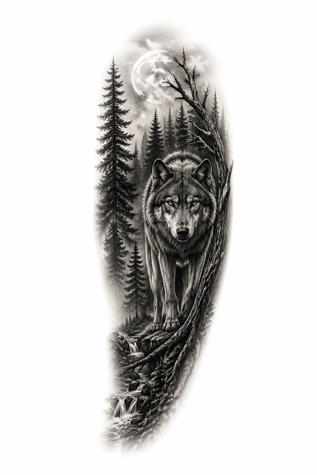 Wolf Staring Forest Background - Black And Grey Forearm tattoo design