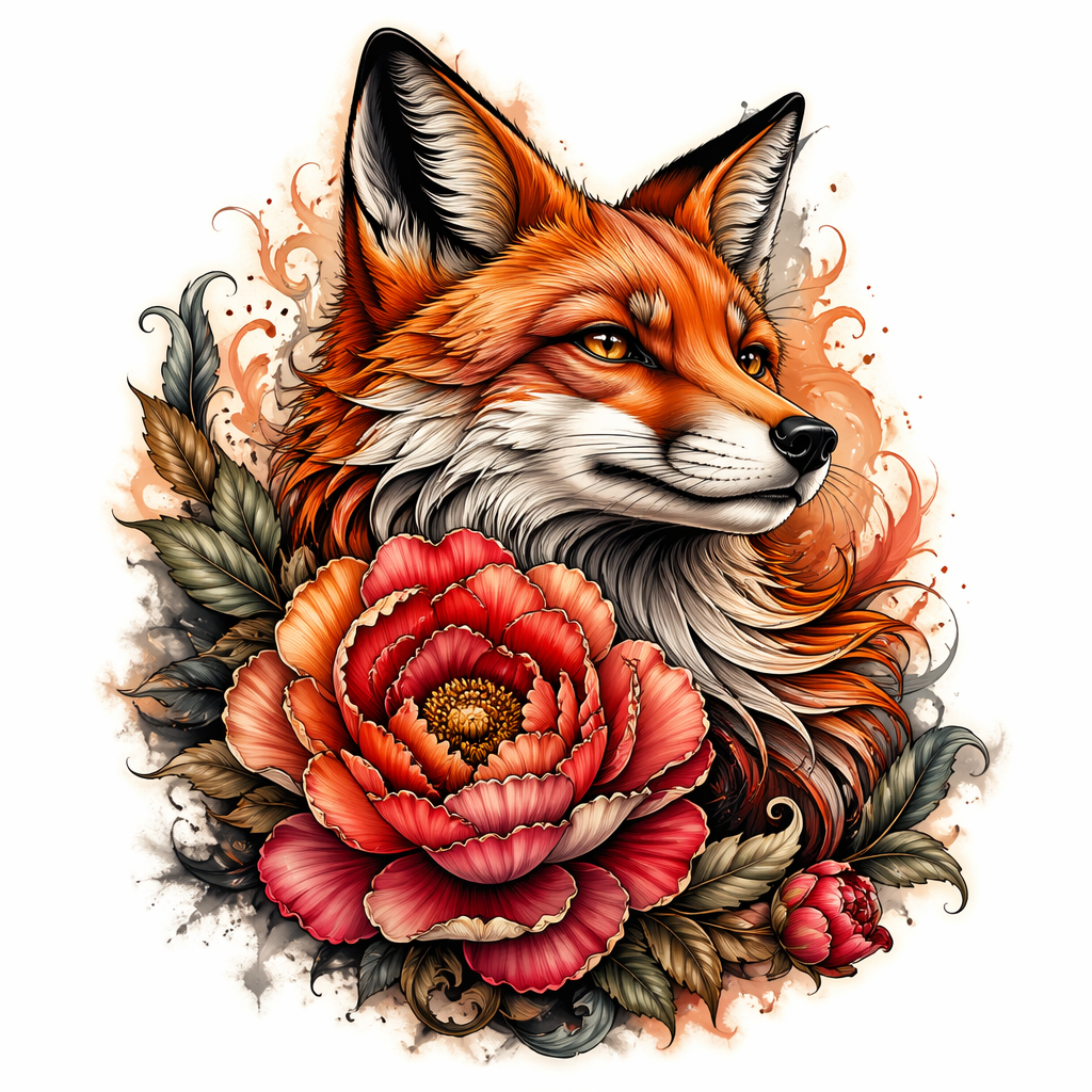 Fox With Peony - Neo Traditional tattoo design