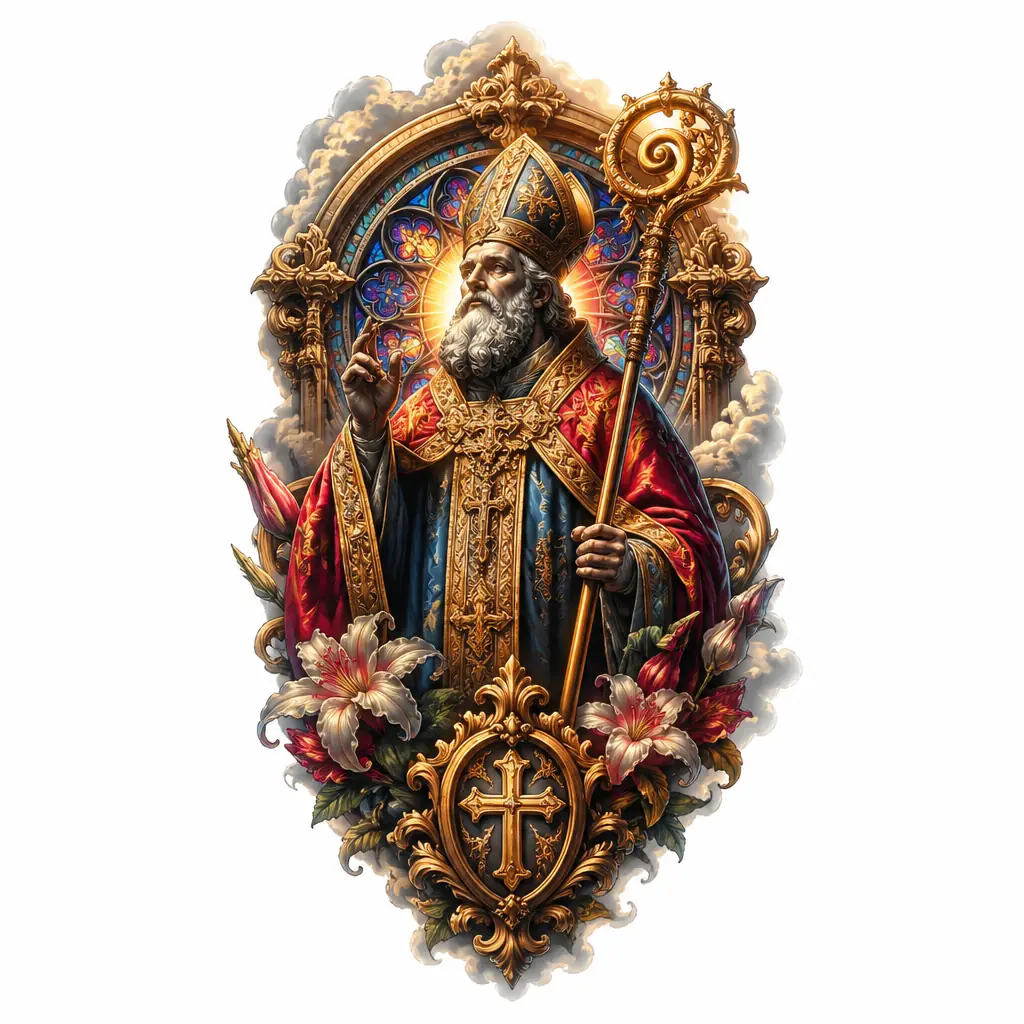 Bishop Statue With Staff - Realism tattoo design