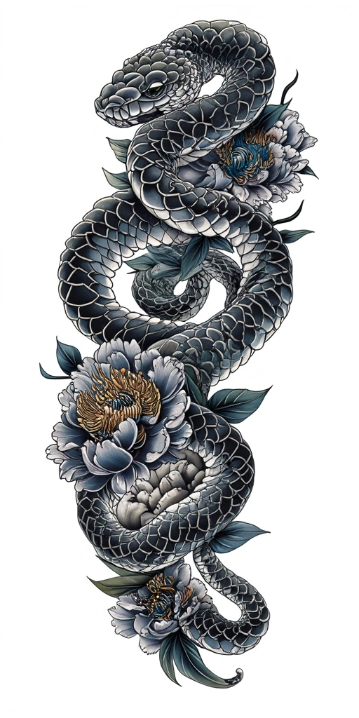 Snake And Peony - Japanese Full Sleeve tattoo design idea for women