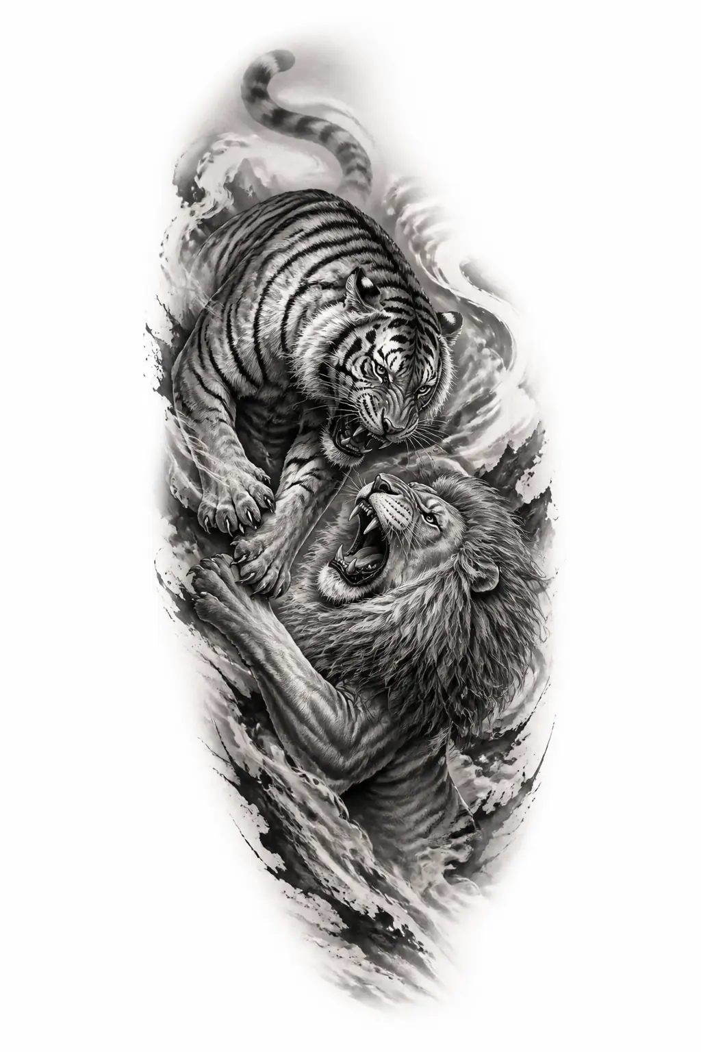 Tiger Fighting Lion - Black And Grey Shoulder tattoo design