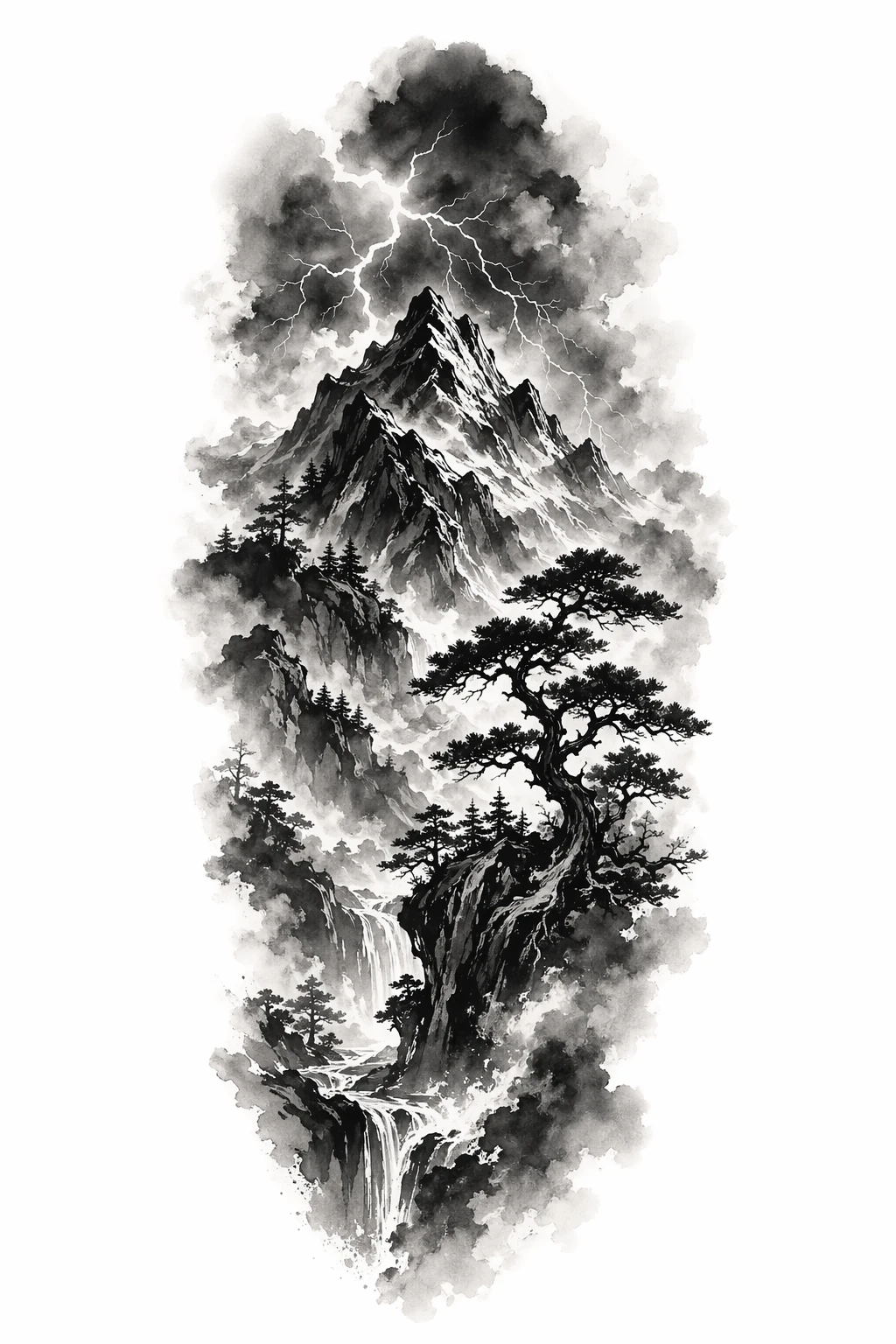 Mountain Scene With Storm Clouds, Lightning, And Trees - Black And Grey Forearm tattoo design