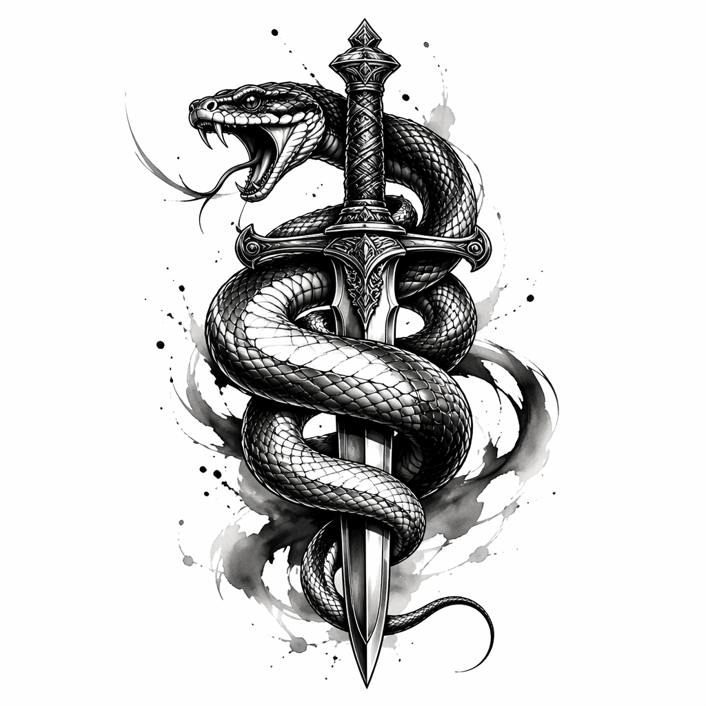 Snake Wrapped Around A Dagger - Black And Grey Calf tattoo design idea for women