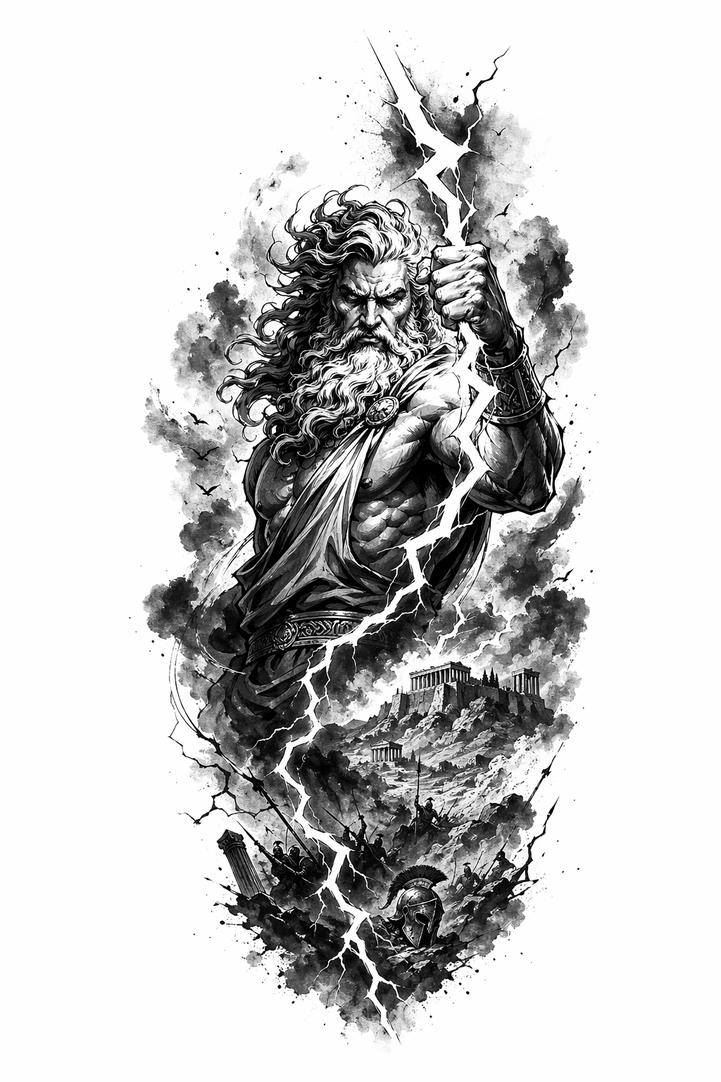 Zues Holding A Thunder Lighting ,Vivid Greek Mythology Battlefield Background - Black And Grey Forearm tattoo design idea for men