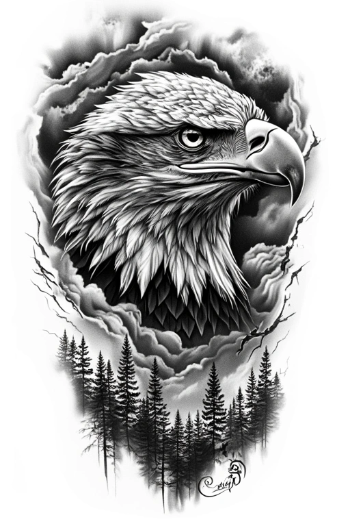 Bald Eagle Head, Pine Forest Below, Clouds Background, Vertical Composition, Soft Fade Edges - Black And Grey Forearm tattoo design idea for men
