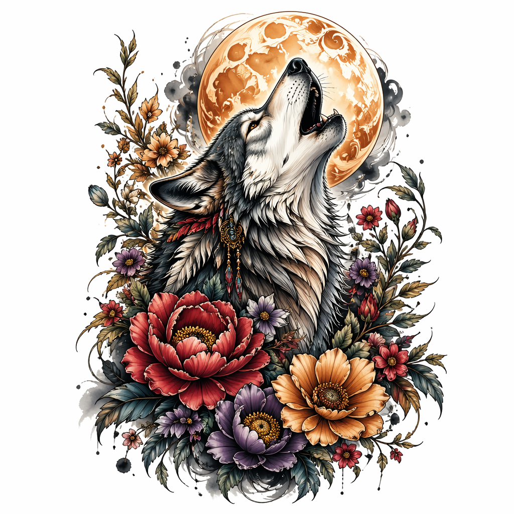 Wolf With Moon And Flowers - Neo Traditional tattoo design