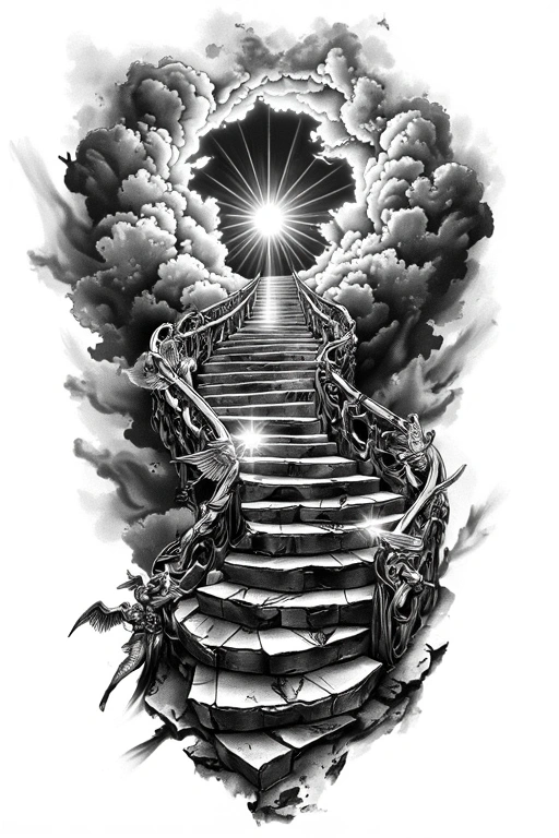 Stairway To Heaven Walking Up Stairs Angels Sun Rays Clouds Heaven Gate At The Top Of The Stairs - Black And Grey Forearm tattoo design idea for men