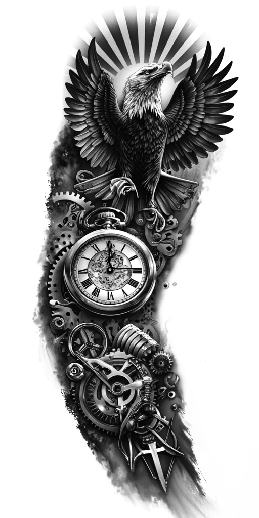 Vertical Tattoo Design, Eagle Wings Spread At Top, Pocket Watch Centered Below, Mechanical Gears Under Watch, Sunburst Rays Behind Eagle - Black And Grey Full Sleeve tattoo design idea for men