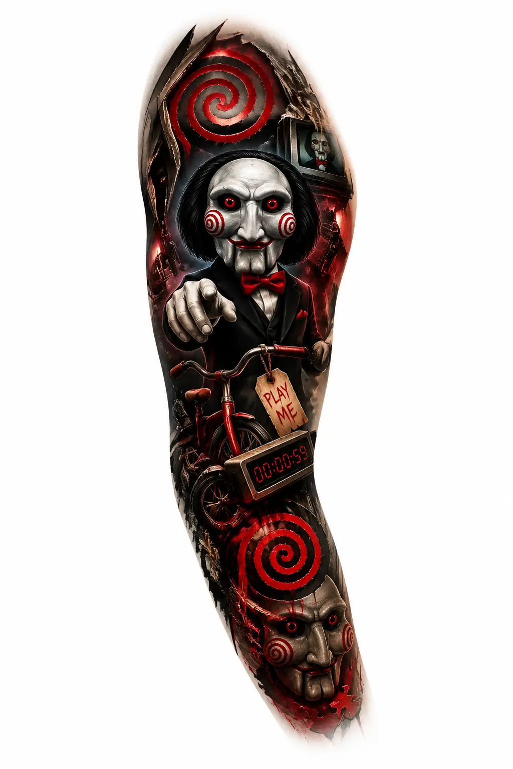 Jigsaw Billy Puppet - Realism Full Sleeve tattoo design