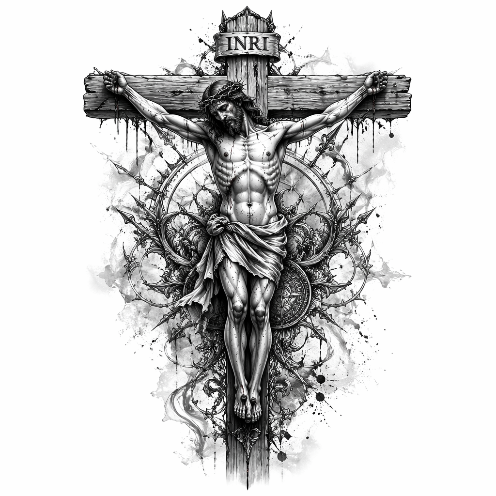 Jesus Crucifixion Scene - Black And Grey Back tattoo design