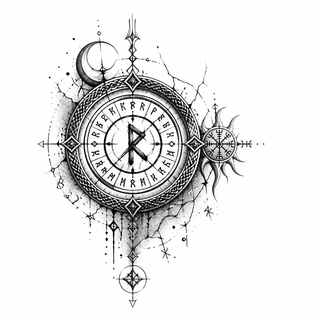 Runes Circle Ritual - Black And Grey tattoo design