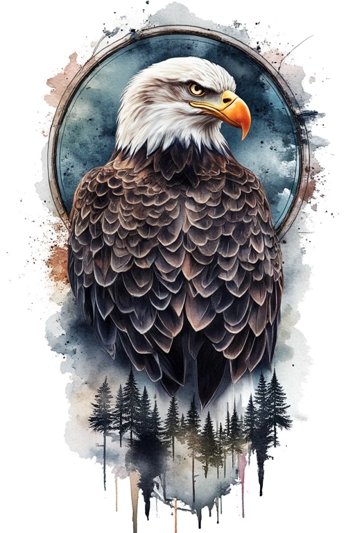 Bald Eagle Head, Pine Forest Below, Clouds Background, Vertical Composition, Soft Fade Edges - Watercolor Forearm tattoo design idea for men