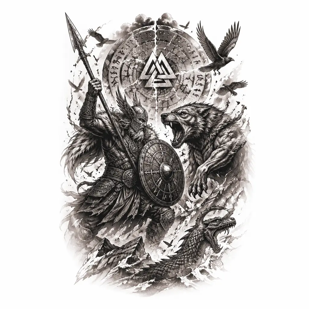 Ragnarok Battle Scene - Black And Grey tattoo design