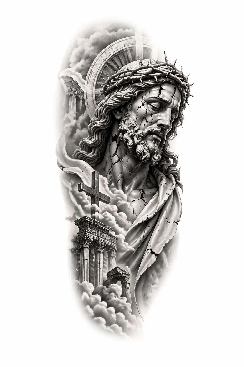 Jesus Cracked Marble Statue - Black And Grey Shoulder tattoo design