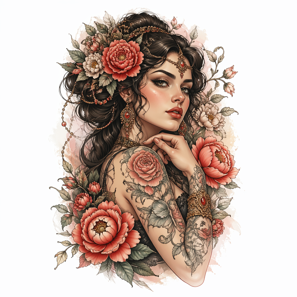 Lady Portrait With Flowers - Neo Traditional Forearm tattoo design