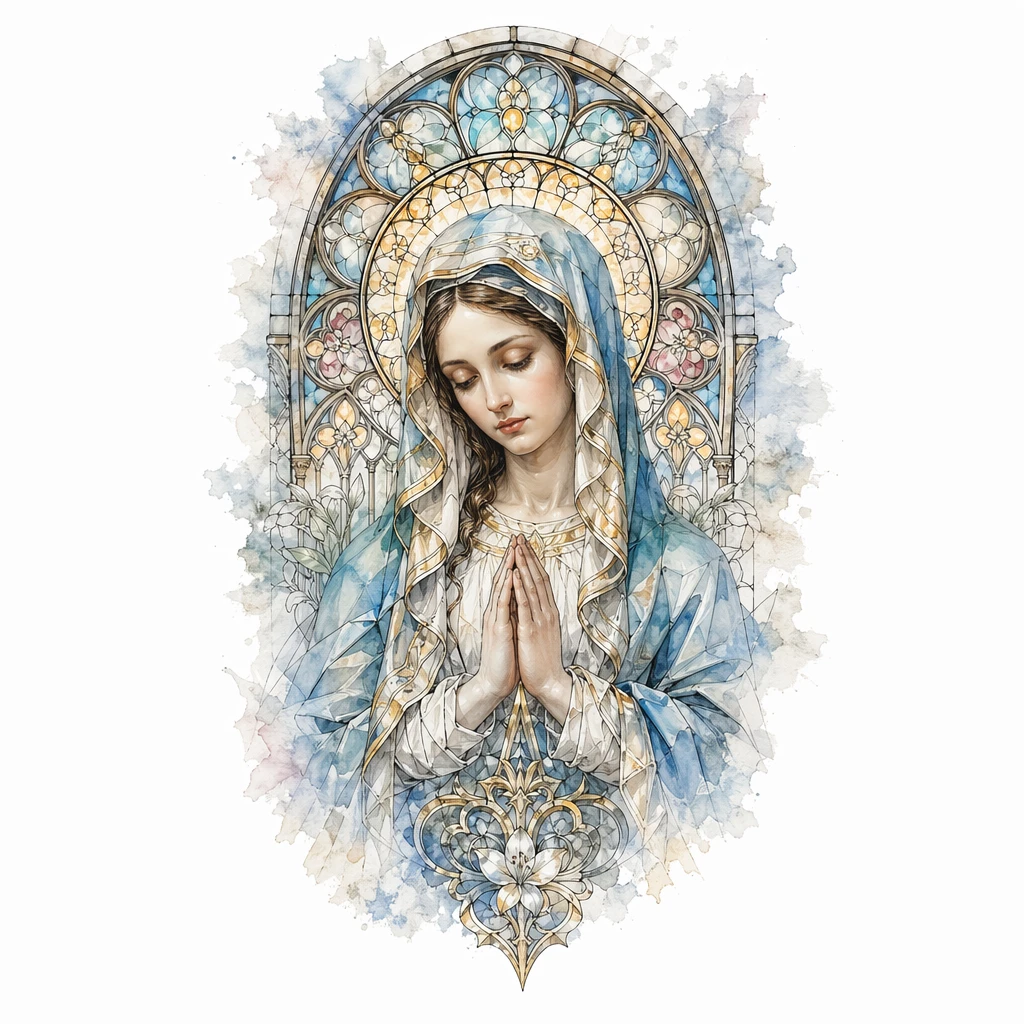 Stained Glass Madonna Tattoo, Virgin Mary, Gothic Cathedral Rose Window - Realism tattoo design