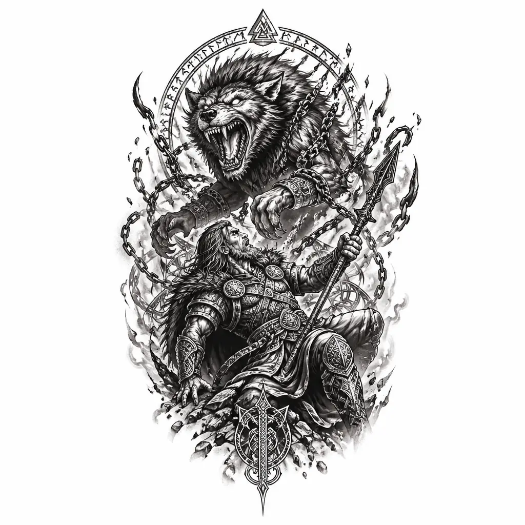 Tyr Losing Hand To Fenrir - Black And Grey tattoo design