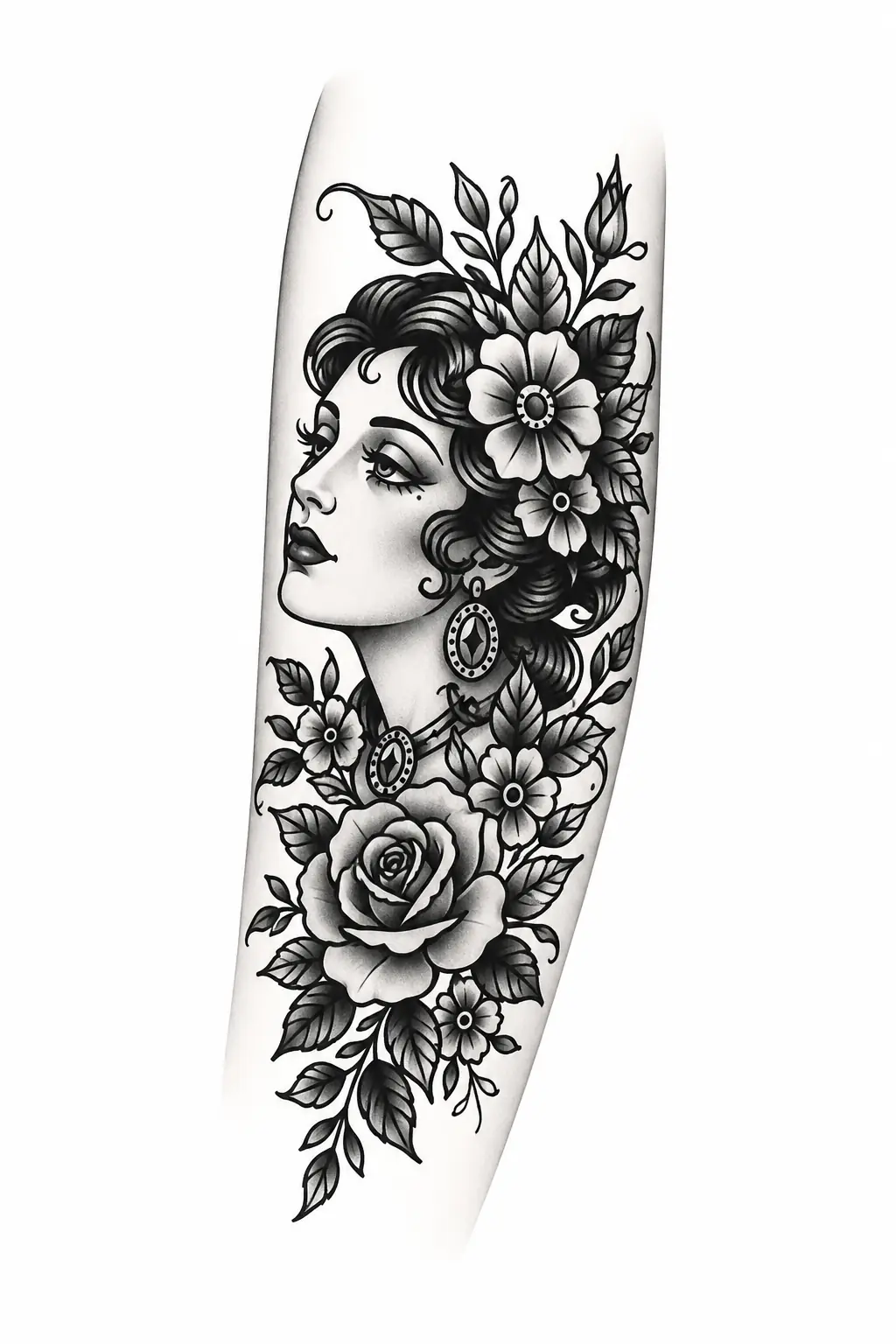 Lady Head With Flowers - Traditional Forearm tattoo design