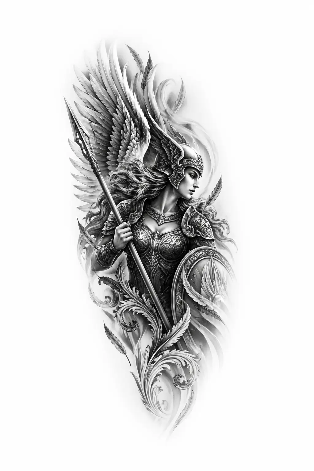 Valkyrie With Wings - Black And Grey Shoulder tattoo design