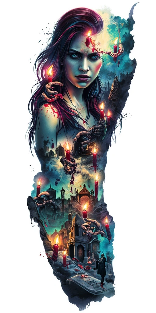 Colorful Multiple Vampire Blood Women Candle Burning Cemetary - Surrealism Full Sleeve tattoo design idea for men