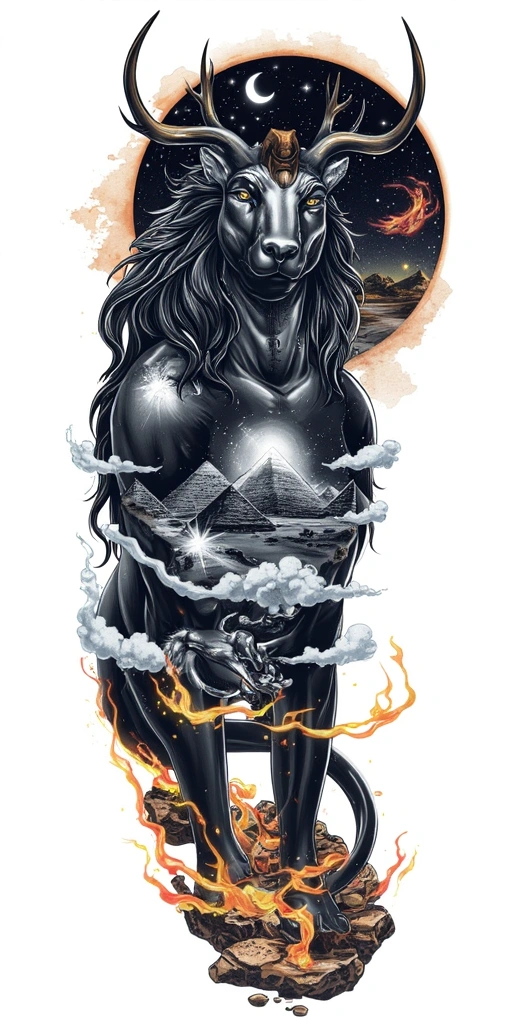 Anubis Standing Before A Vast Desert Necropolis Under A Star Filled Sky, With Pyramids And Burning Torches Stretching Into The Distance - Surrealism Full Sleeve tattoo design idea for men