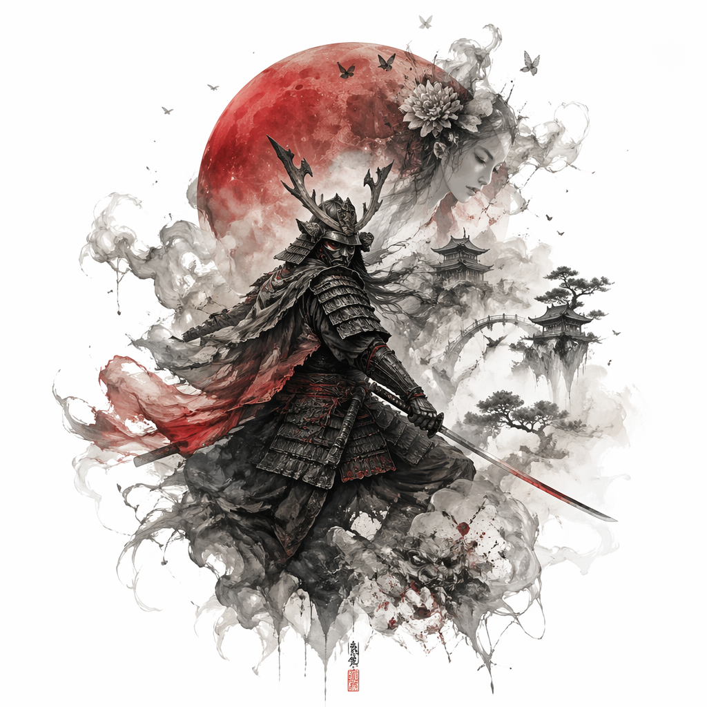 Samurai Game Character With Blood Moon - Surrealism tattoo design