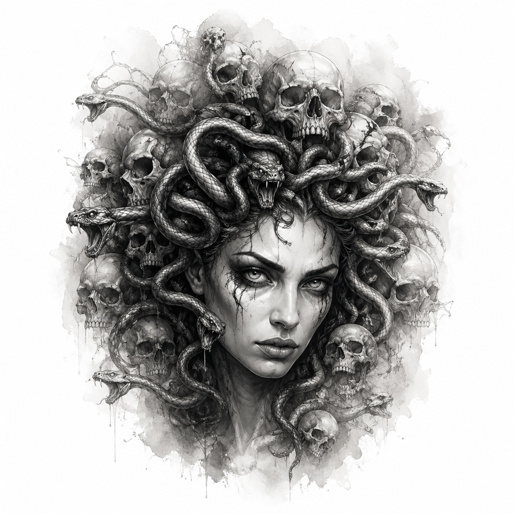 Medusa Portrait With A Background Of Skulls - Horror Forearm tattoo design idea for women