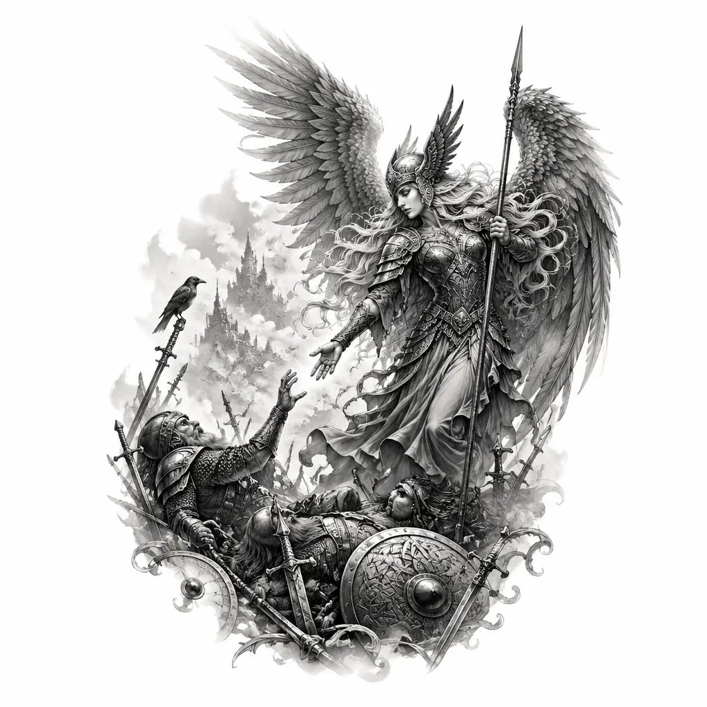 Valkyrie Choosing Fallen Warriors - Black And Grey tattoo design