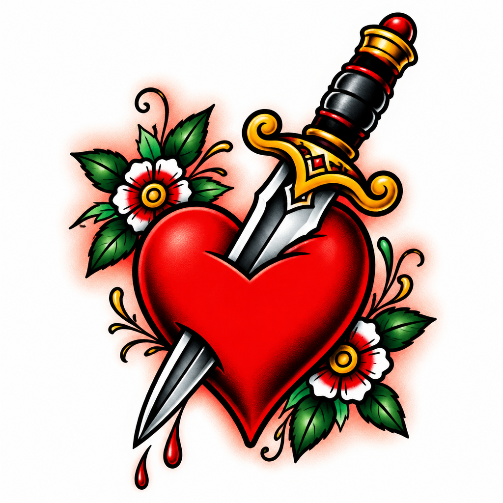 Dagger Through Heart - Traditional Forearm tattoo design idea for women