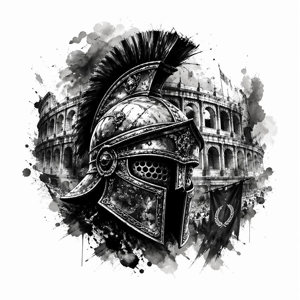 Gladiator Helmet With Arena Scene - Black And Grey tattoo design