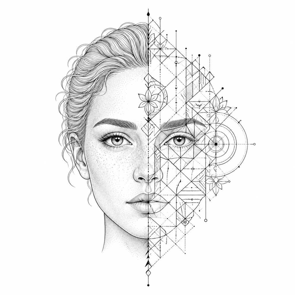 Half Realistic Half Geometric Face - Geometric Forearm tattoo design idea for women