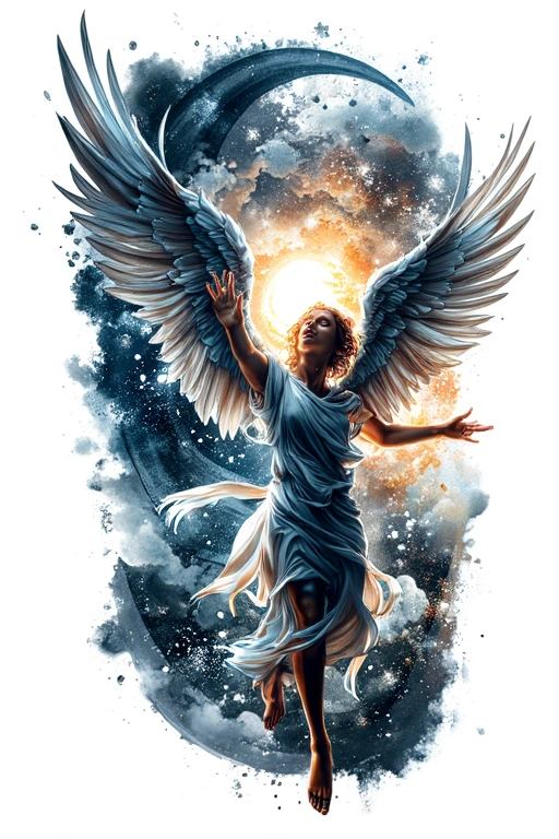 A Divine Radiant Angel Descending From Heaven, Large Majesticwhite Wings Fully Spread - Surrealism Forearm tattoo design idea for men