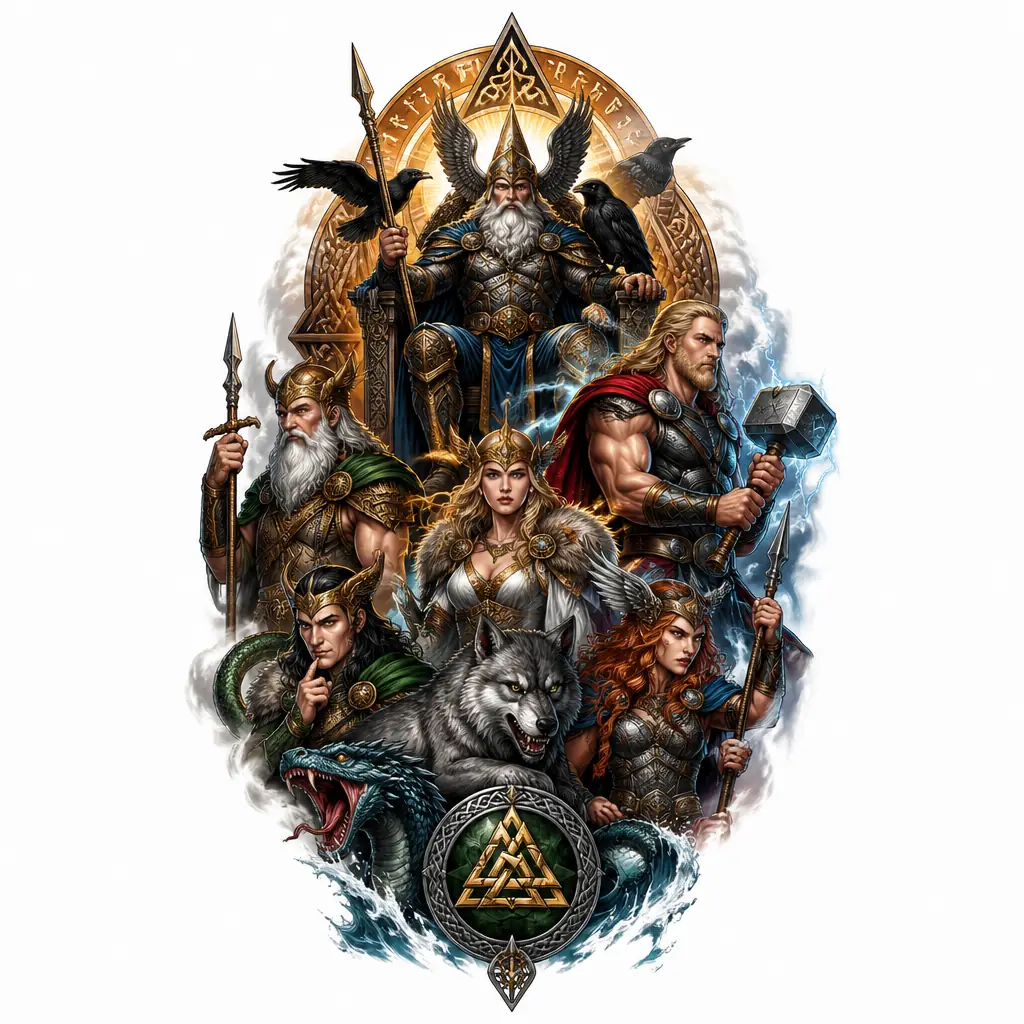 Norse Gods Assembly - Realism tattoo design