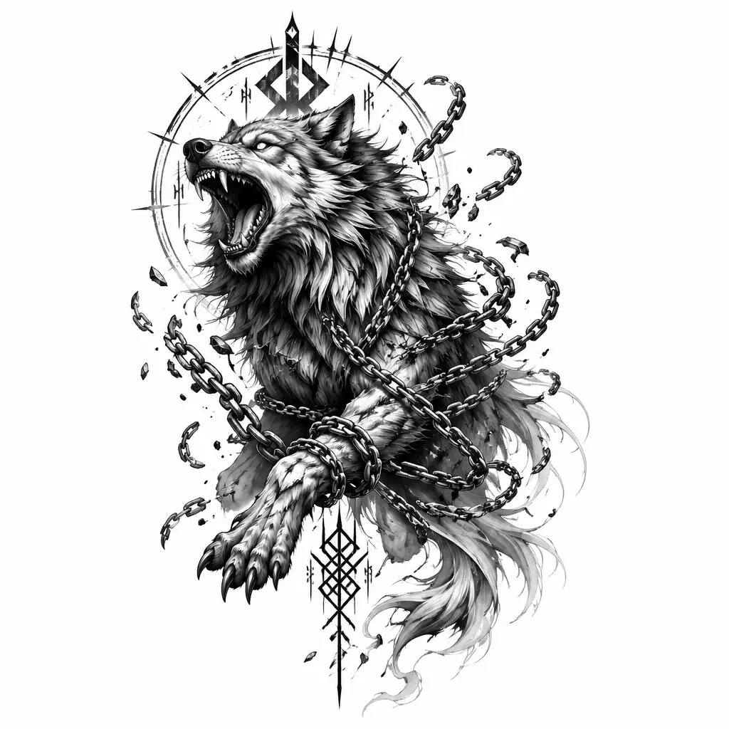 Fenrir Breaking Chains - Black And Grey tattoo design