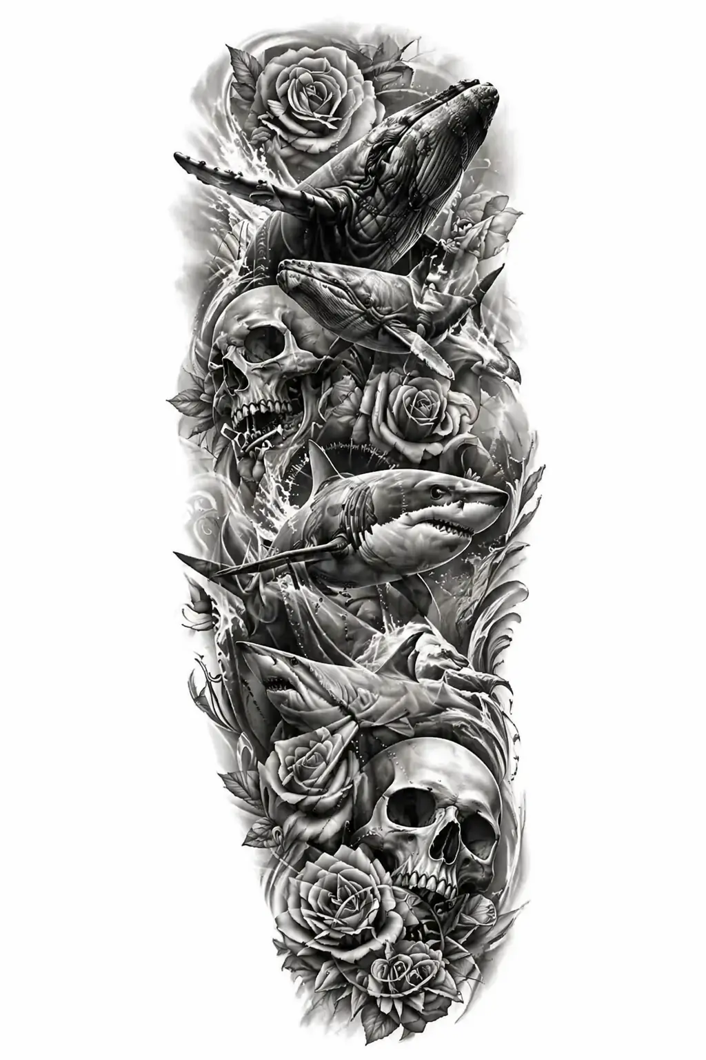 Whales, Sharks, Roses, Skulls - Realism Full Sleeve tattoo design