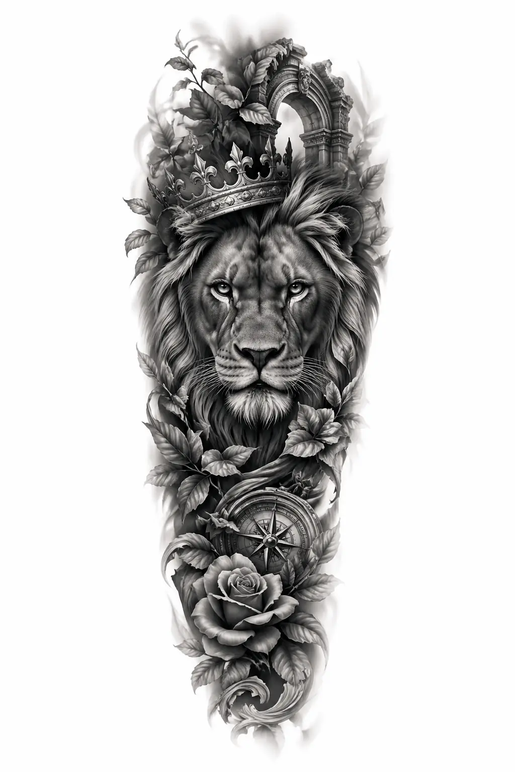 Lion Portrait Intense Gaze - Black And Grey Half Sleeve tattoo design