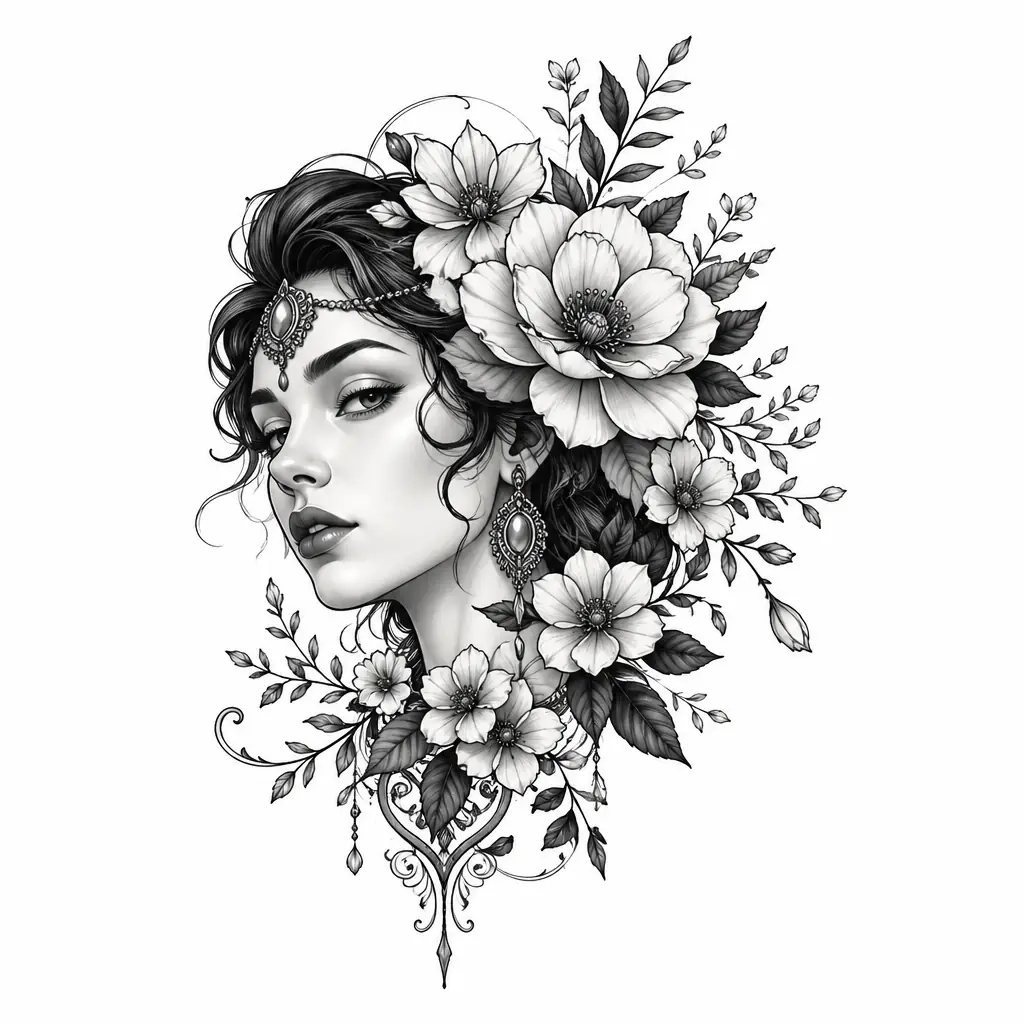 Lady Head With Flowers - Neo Traditional tattoo design