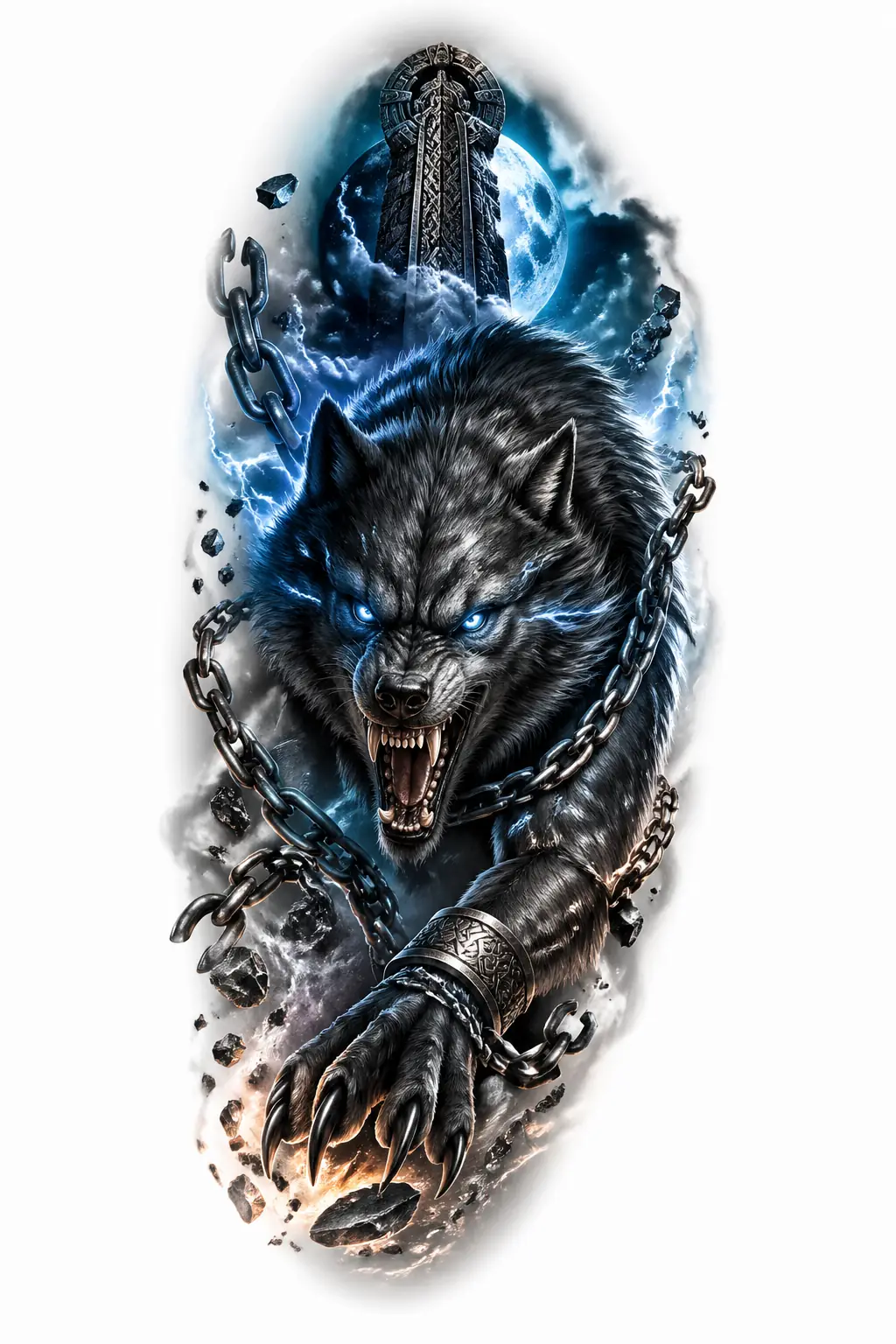 Fenrir Breaking Chains - Realism Shoulder tattoo design