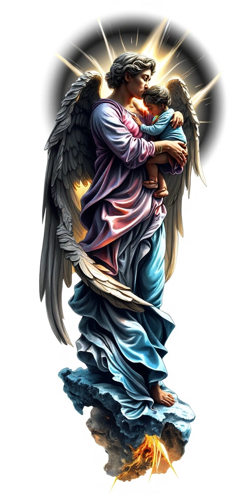 Colorful Guardian Angel Holding Child, Light Rays Behind, Emotional Realism - Surrealism Full Sleeve tattoo design idea for men