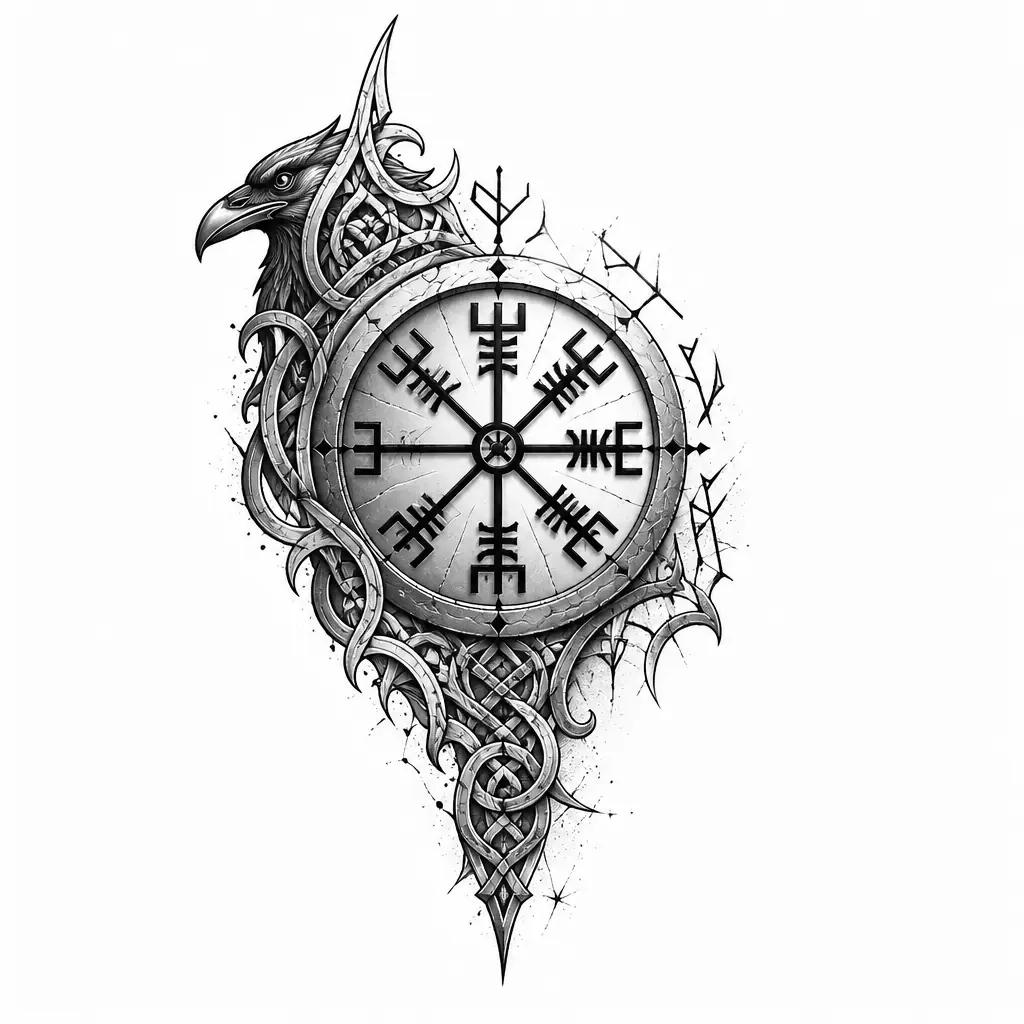 Norse Compass Vegvisir - Black And Grey tattoo design