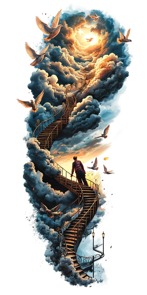 Colorful Man Walking Up Heavenly Stairs Through Clouds Toward Bright Divine Light, Angels Flying Around, Dove In The Sky - Surrealism Full Sleeve tattoo design idea for men