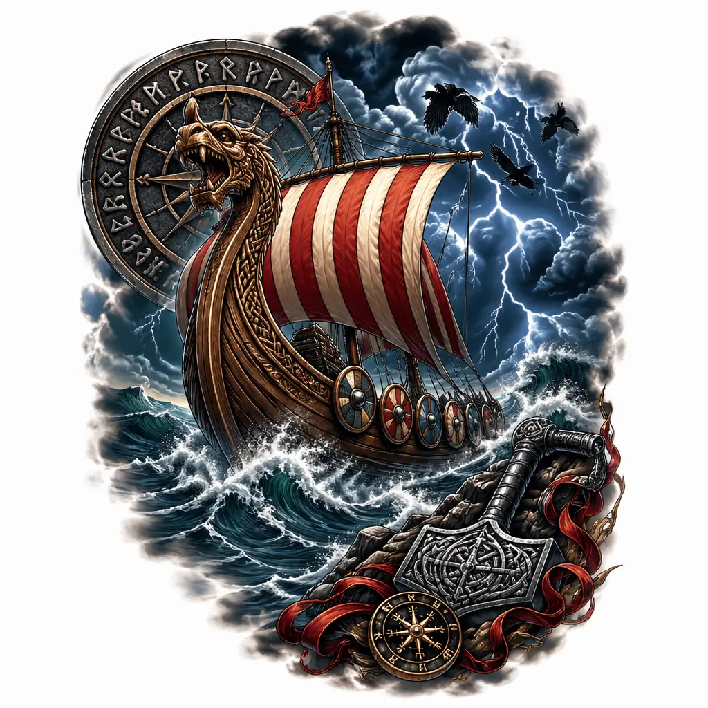 Viking Ship In Storm - Realism tattoo design