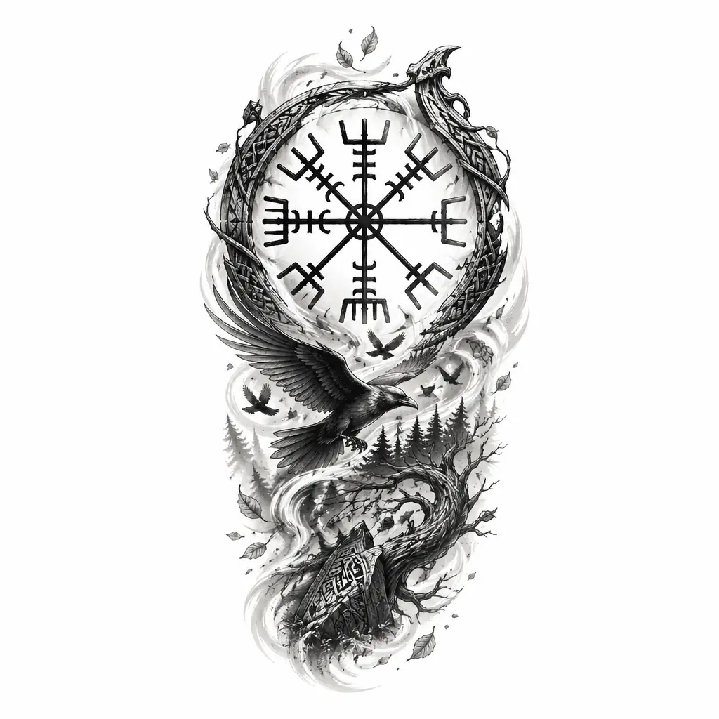 Helm Of Awe Symbol - Black And Grey tattoo design