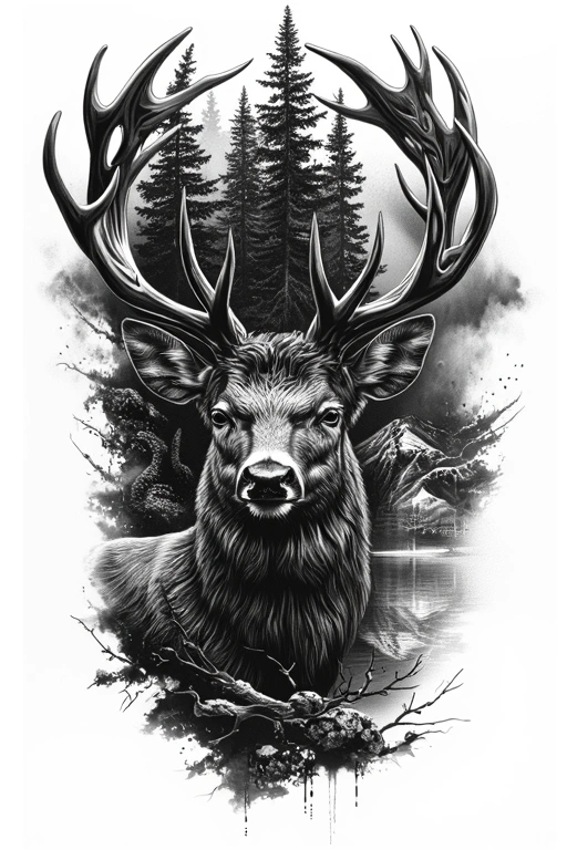 Deer, Antlers, Pine Forest Background, Lake Reflection, Centered Composition - Black And Grey Forearm tattoo design idea for men