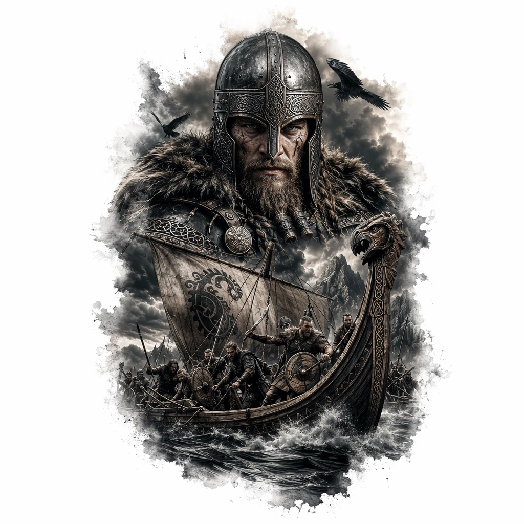 Viking Warrior Portrait Above, Longship Sailing Through Stormy Sea And Warriors In Battle Below, Norse Narrative Composition - Realism Forearm tattoo design idea for men
