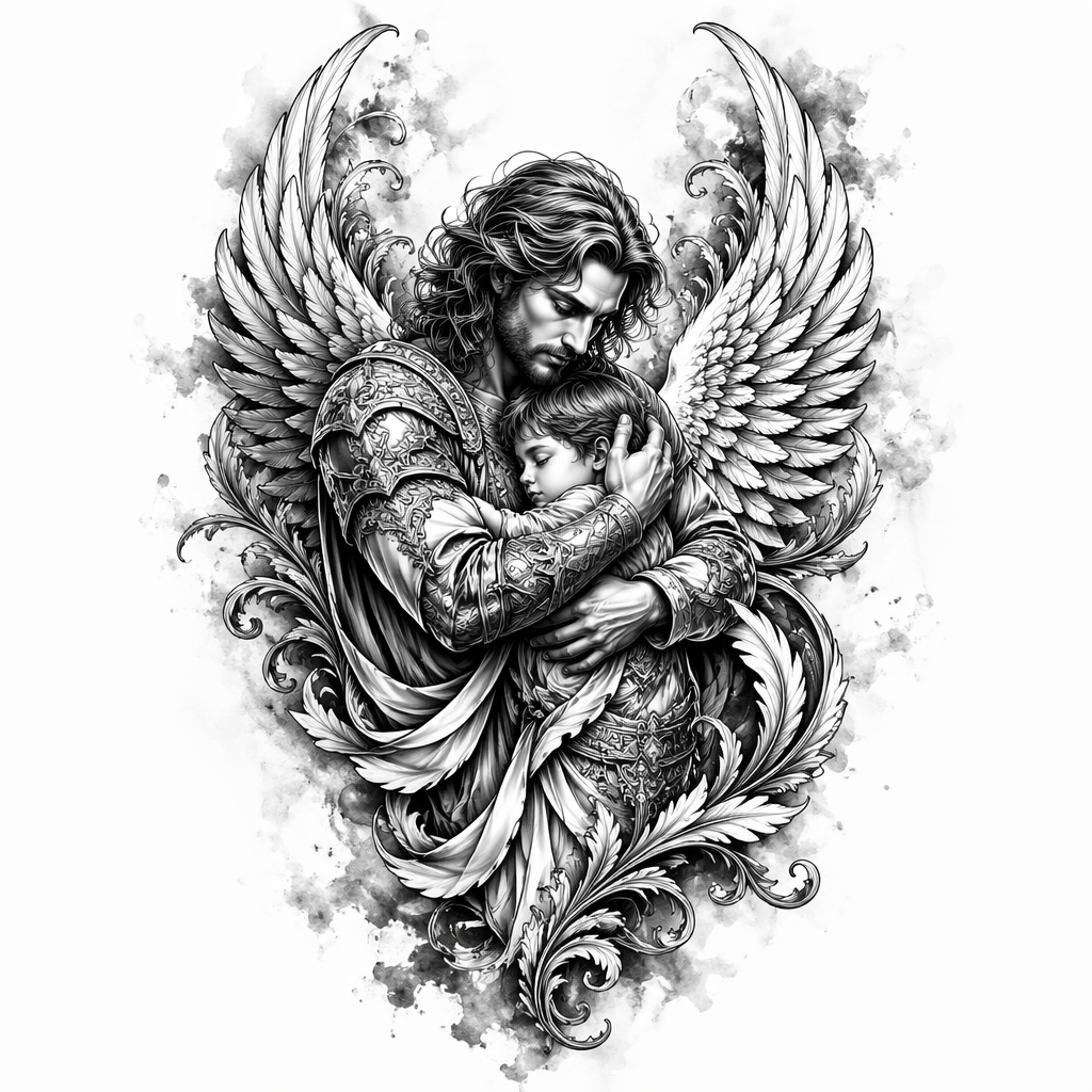 Guardian Angel Protecting Child - Black And Grey Forearm tattoo design