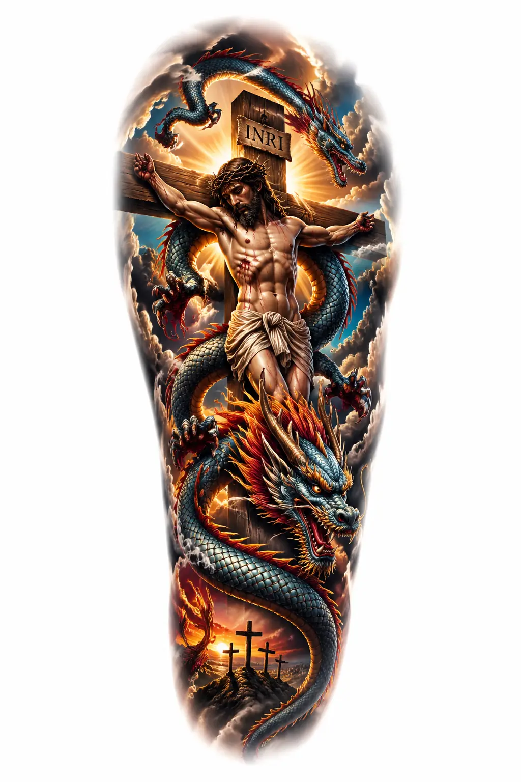 Jesus Cross And Dragon Wrapped - Realism Full Sleeve tattoo design