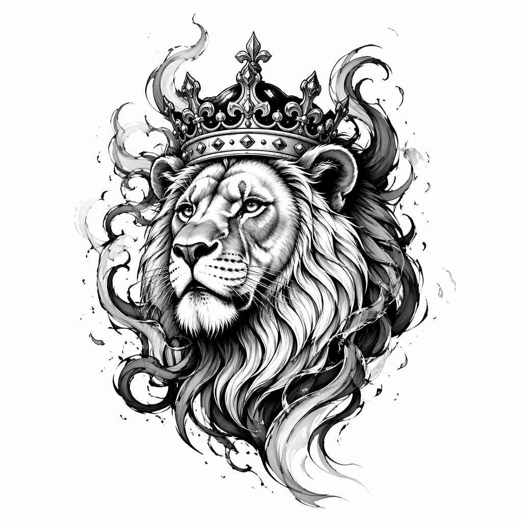 Lion Wearing A Crown Surrounded By Smoke - Black And Grey tattoo design