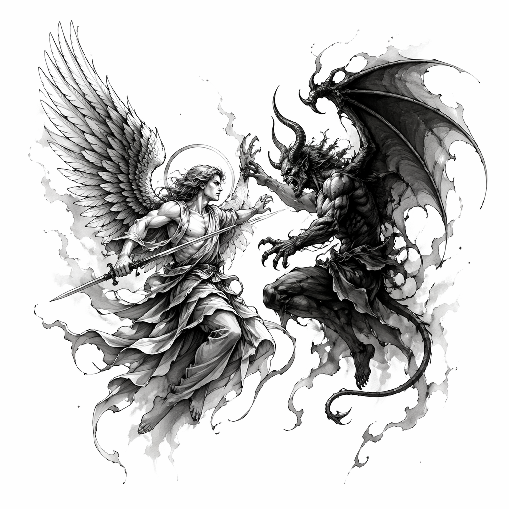 Angel And Demon Facing Each Other In Contrast - Black And Grey tattoo design