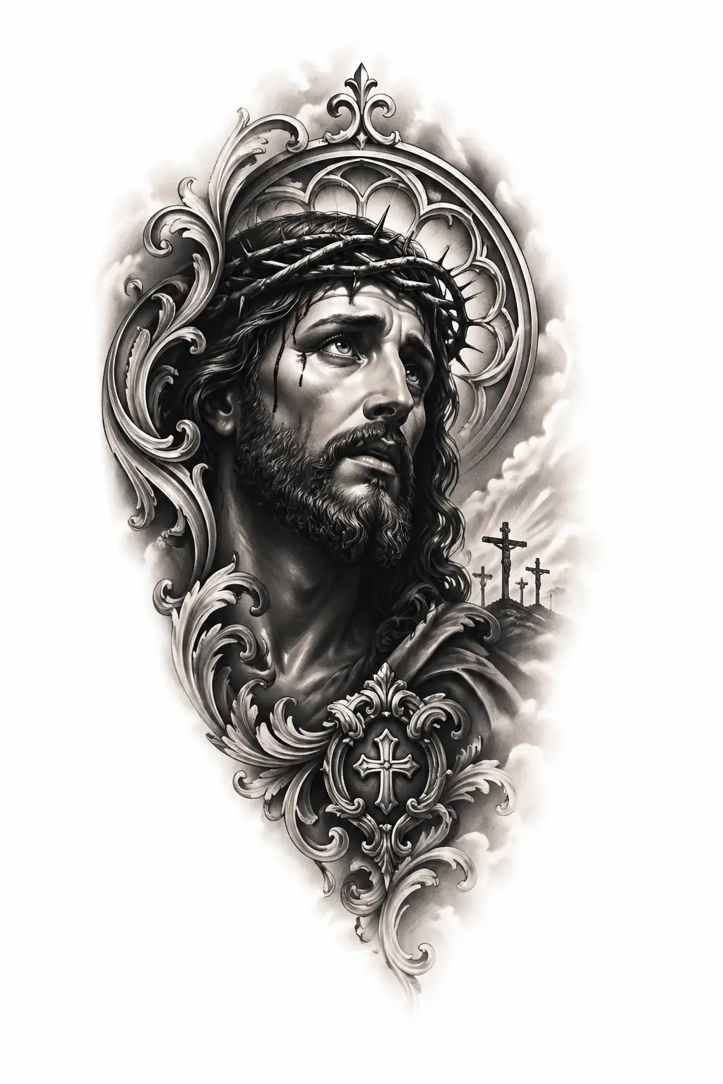 Jesus Portrait With Baroque Ornament Frame - Black And Grey Shoulder tattoo design